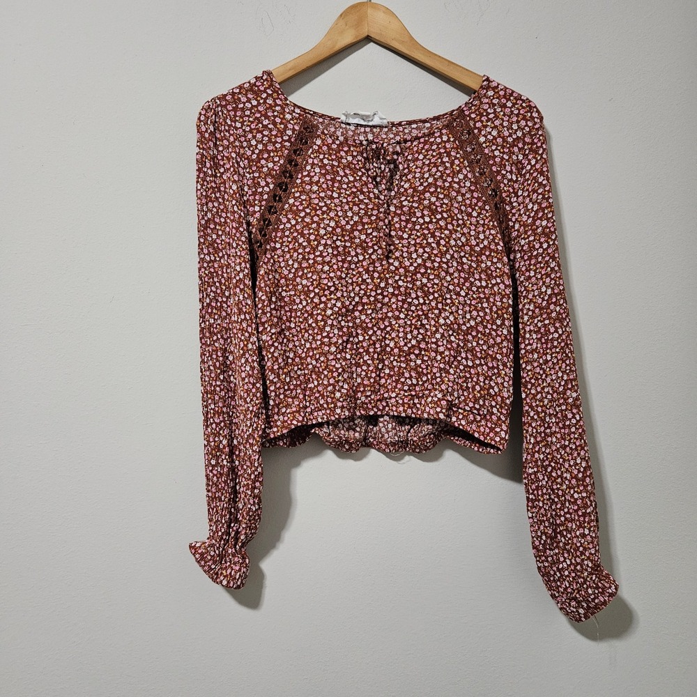 Hippieβ Rose Womens Rust Floral Crochet Trim Long Sleeve Crop Top Blouse Medium